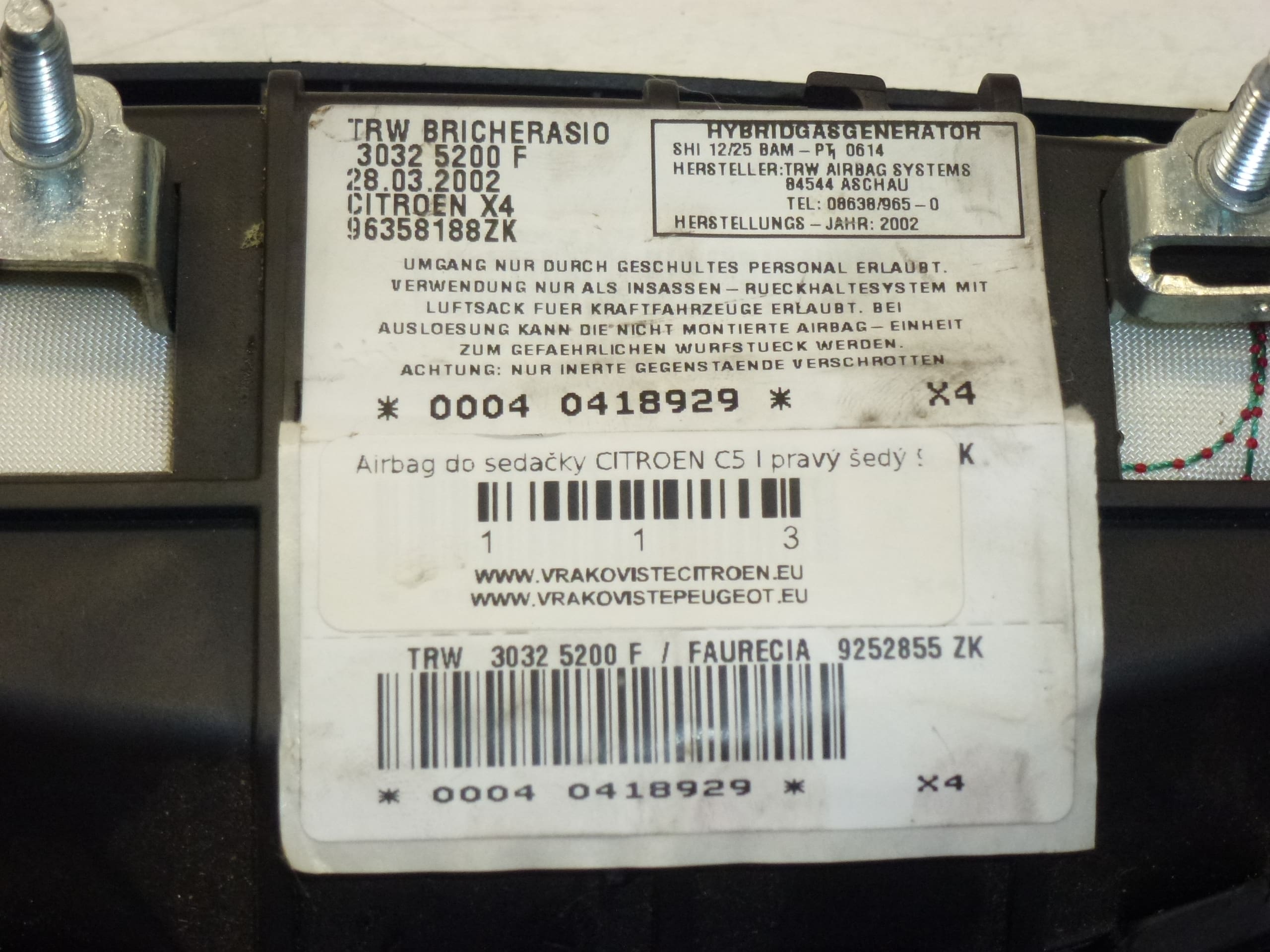 Airbag do banco do passageiro Citroën C5 usado 96358188ZK 96391352ZK 8216K3 - Image 2